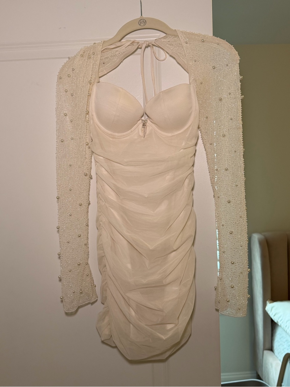 Oh Polly Elegant Cream Ruched Halter Dress with Beaded Shrug